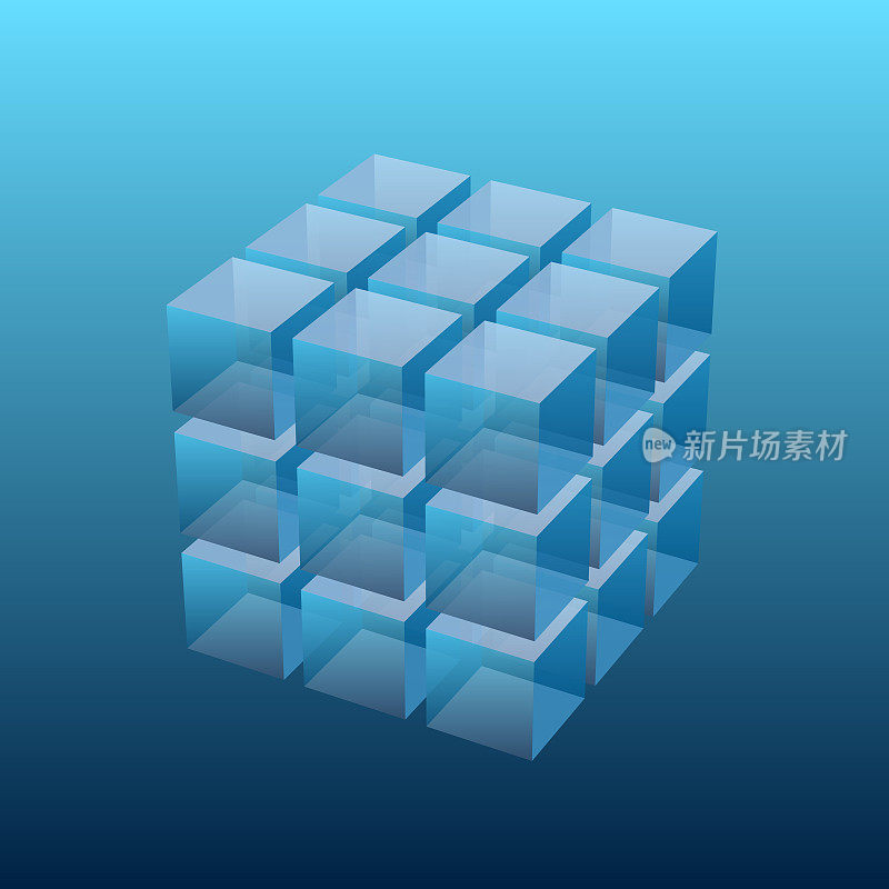 立方体的立方体，3x3x3 = 27个玻璃立方体的3D渲染。与视角。